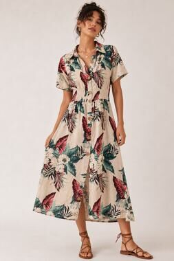 Zara Linen Cotton Blend Tropical Print Shirtdress S Retro Cabanacore Vacation